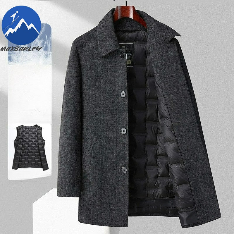 Maxbarley Winter Down Coat Lightw Luxurious Detachable Lining Working Cold Proof Overcoat Mens Mid Length Warm Woolen Trench