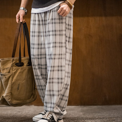 Maden Calça Cargo Xadrez Masculina Vintage Primavera Leve Caimento Solto Cintura com Cordão Calças Retas Casuais Perna Larga