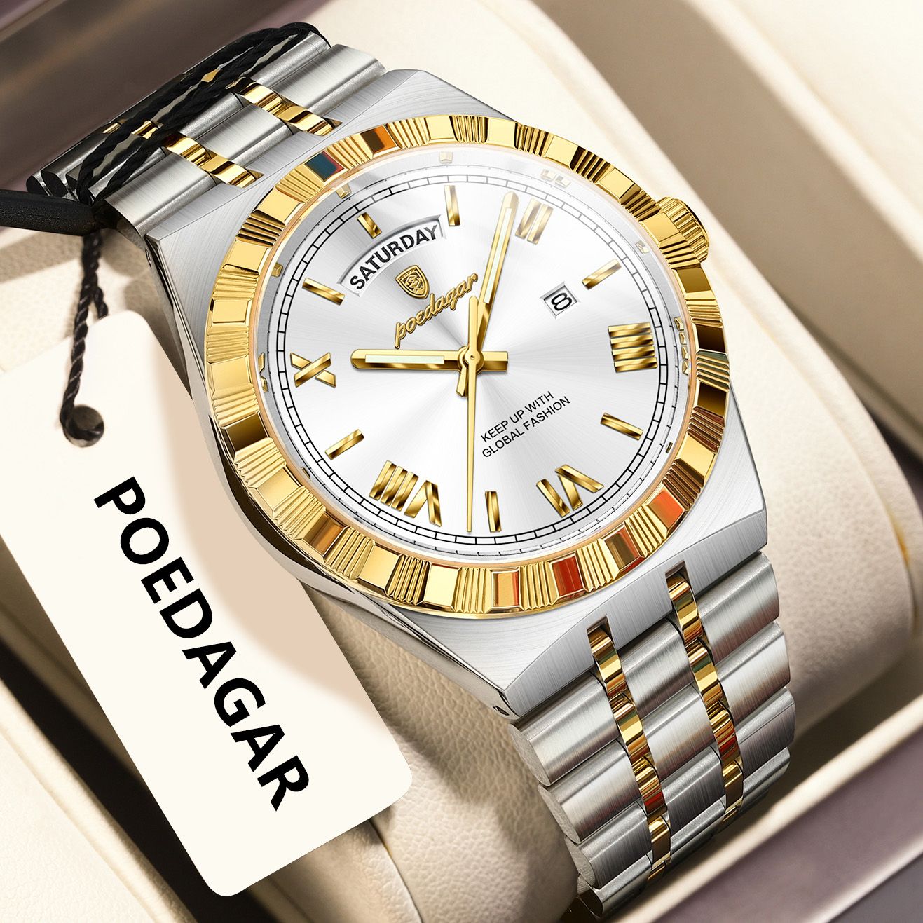 POEDAGAR Luxury Business Man Watch Week Date Waterproof Luminous Watches For Men Stainless Steel Quartz Fashion Men's Wristwatch