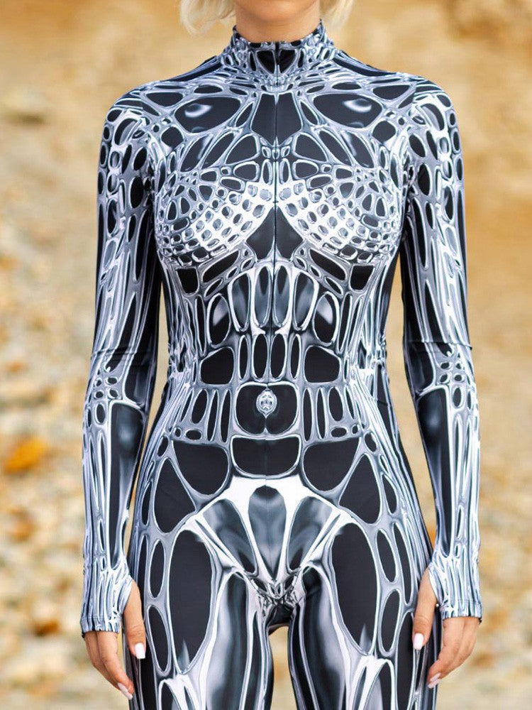 Unisex Sexy Black White Graphic Print Jumpsuit Halloween Line Art Muscle Cosplay Bodysuit Holiday Party Zentai Suit Rave Catsuit