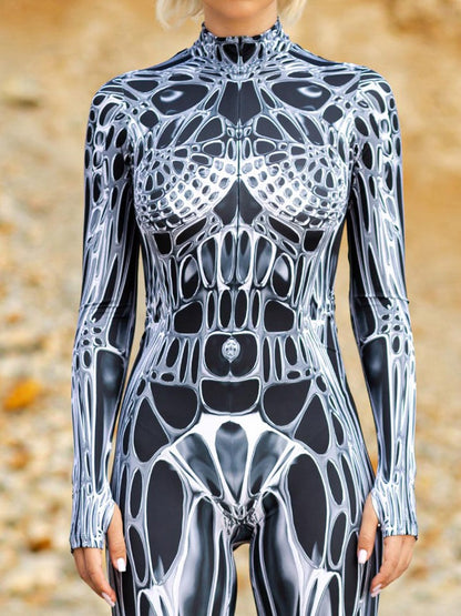 Unisex Sexy Black White Graphic Print Jumpsuit Halloween Line Art Muscle Cosplay Bodysuit Holiday Party Zentai Suit Rave Catsuit