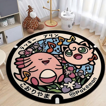 MINISO Japanese Anime Pokemon Round Rugs Non-Slip Floor Mat for Home Living Room Bedroom Circle Rug Washable Round Carpet Decor