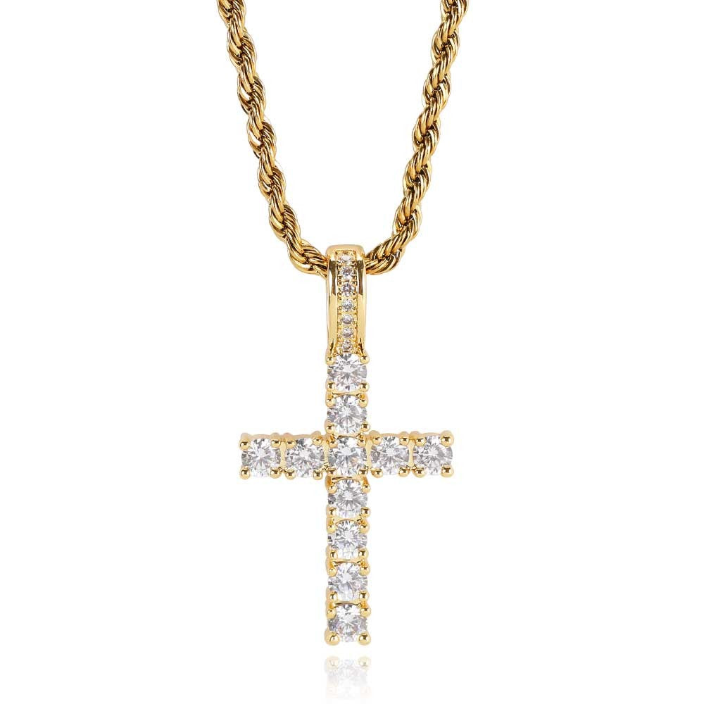 Iced Out Cubic Zirconia Cross Pendant Necklace Gold Silver Color Hip Hop Rope Chain Religious Jewelry Men Women Daily Party Gift