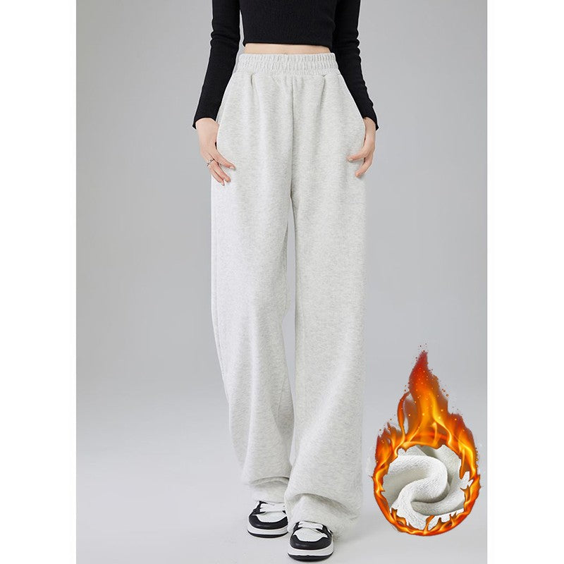 Winter Lady Snow Warm Thin Straight Leg Pants Girls Classic Daily Plush Trousers Women High Waist Thermal Fleece Pants