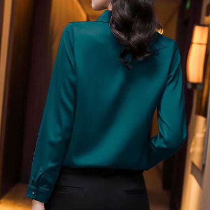 Elegant Women Chiffon Blouse 2025 New Temperament Turndown Collar Office Lady Shirt Streetwear Casual Solid Color Tops Clothing