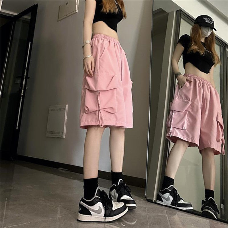 Y2K Cargo Shorts Women Harajuku Black Oversized Wide Leg Shorts Summer Streetwear Fashion High Waist Baggy Lady Short Pants Pink