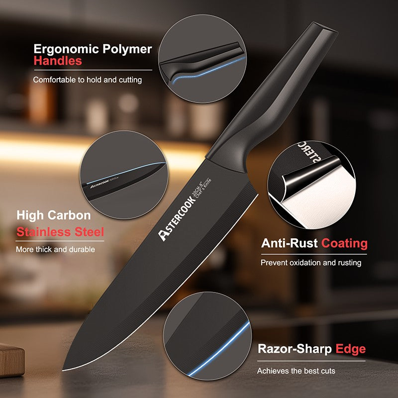 Conjunto de Facas de Cozinha Astercook com Bloco Amolador Embutido, Próprio para Lava-Louças, Conjunto de Bloco de Facas de Aço Inoxidável Alemão de 15 Peças
