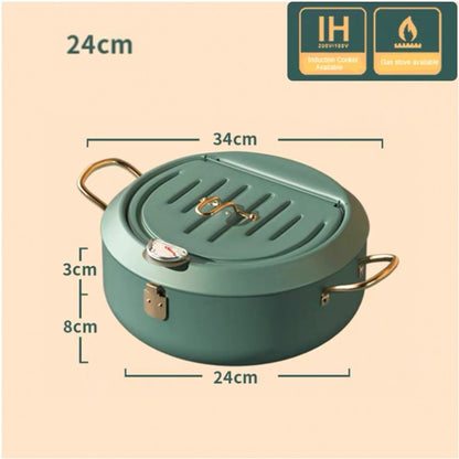 304 Stainless Steel Oil Pan Japanese Deep Frying Pot with a Thermometer and a Lid Kitchen Tempura French Fries Oil Fried Pan