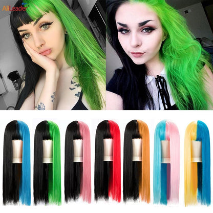 Green And Black Lolita Cosplay Wig Straight Wigs With Bangs Synthetic Heat Resistant Two Tone Wigs Black & Pink Split Color Wig