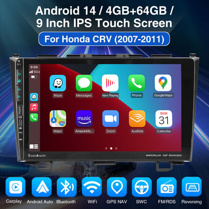 4+64G For Honda CR-V CRV 2007-2011 Android14 Carplay 9" Car Stereo Radio WiFi BT USB GPS Navigation IPS Touch Screen FM/RDS SWC