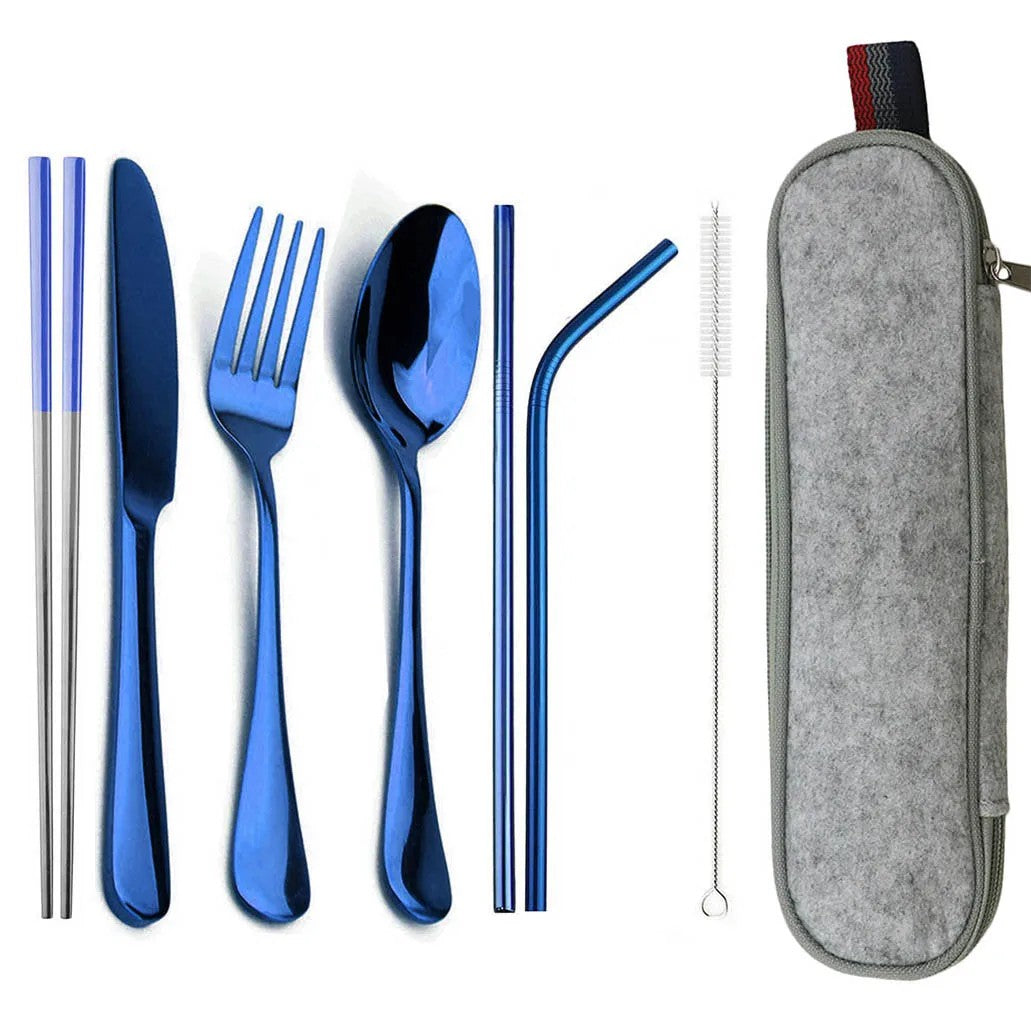 Travel Hiking Portable Dinnerware Set with Pouch Reusable Stainless Steel Straw Cutlery Knife Spoon Fork Chopsticks Silverware