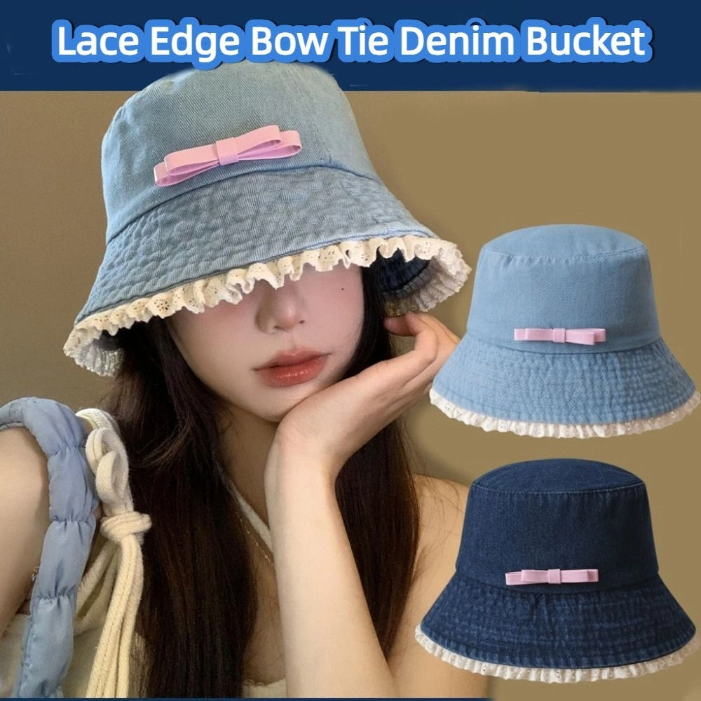 Retro Big Brimmed Denim Bucket Hat Bow Tie Y2K Lace Fisherman Hat Korean Style UV Protection Bow Sunscreen Hat Outdoor