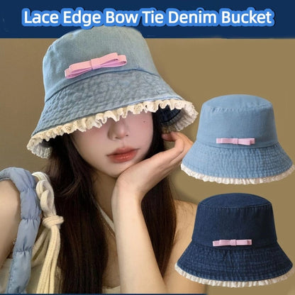 Retro Big Brimmed Denim Bucket Hat Bow Tie Y2K Lace Fisherman Hat Korean Style UV Protection Bow Sunscreen Hat Outdoor