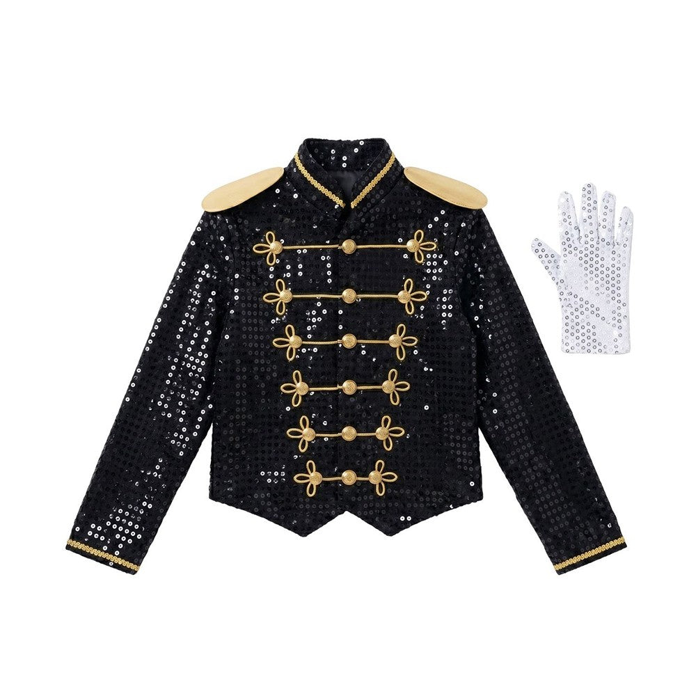 Kids Black Sequin Michael Jackson Jacket Gloves Set Boys MJ Cosplay Costume Halloween Tap Dance Stage Performance Outfit