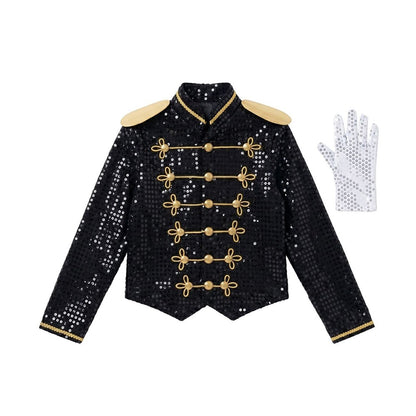 Kids Black Sequin Michael Jackson Jacket Gloves Set Boys MJ Cosplay Costume Halloween Tap Dance Stage Performance Outfit