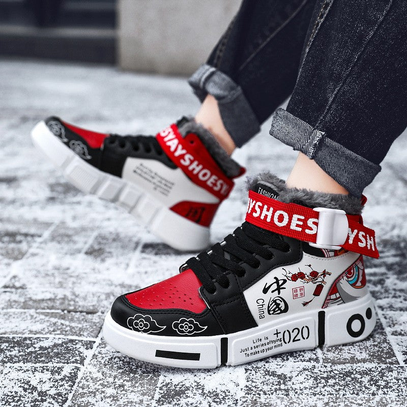 Mens Board Shoes 2025 Winter New High Top Winter Warm Casual Sports Shoes Flat Cotton Comfortable Outdoor Walking Shoes for Men