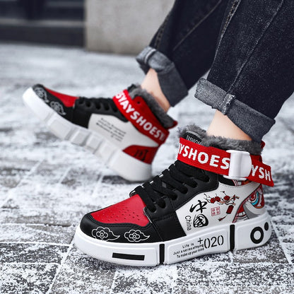 Mens Board Shoes 2025 Winter New High Top Winter Warm Casual Sports Shoes Flat Cotton Comfortable Outdoor Walking Shoes for Men