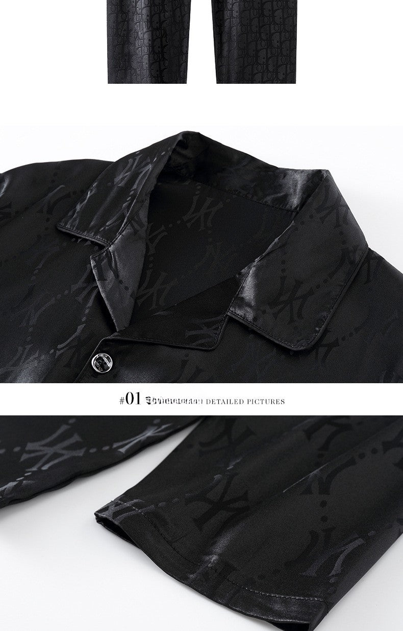 Plus Size Men's Pajama Suit Long Sleeve Silk Jacquard Pattern Premium Black Suit Lapel Top Long Pants Sleepwear Loungewear