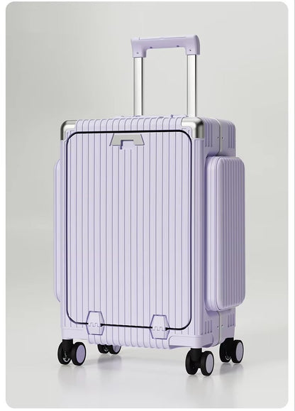 Tri-Zone Access Opening Suitcase Aluminum Frame PC Material Travel Case with Spinner Wheels Cup Holder TSA Lock Rolling Luggage