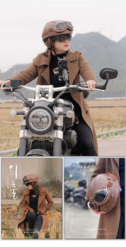 Retro Motorcycle Helmet PU Leather Moto Helmets Men Women Half Helmet HD Lens Casco Four Seasons Riding Scooter Capacetes