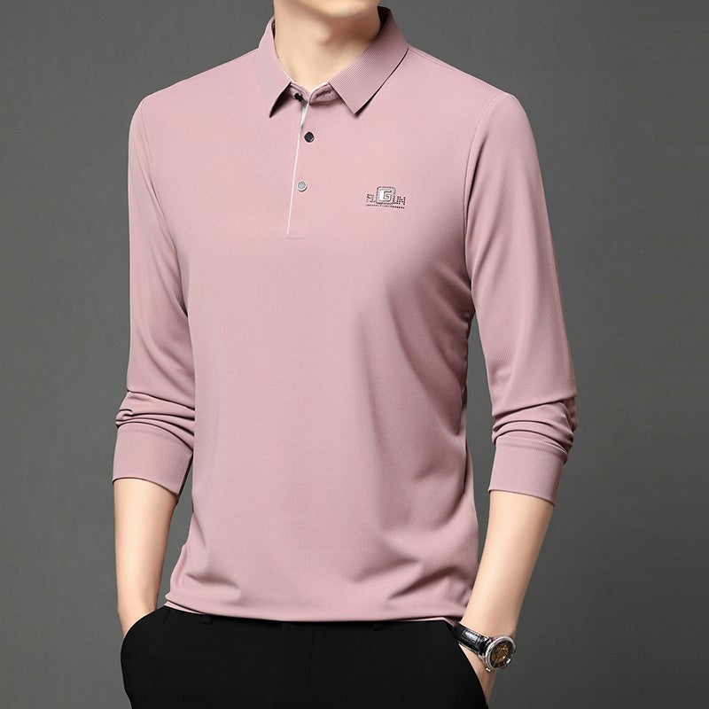 New Men's Business Casual Long Sleeved Shirt with Badge Solid Color Polo Shirt Fashionable Breathable Comfortable Versatile Top