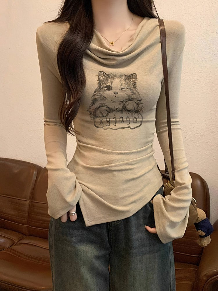 Y2k Cat Long sleeve T-shirt Women Luxury Korean Graphic Off shoulder Top Casual Lady Basic Tees Slim Sexy