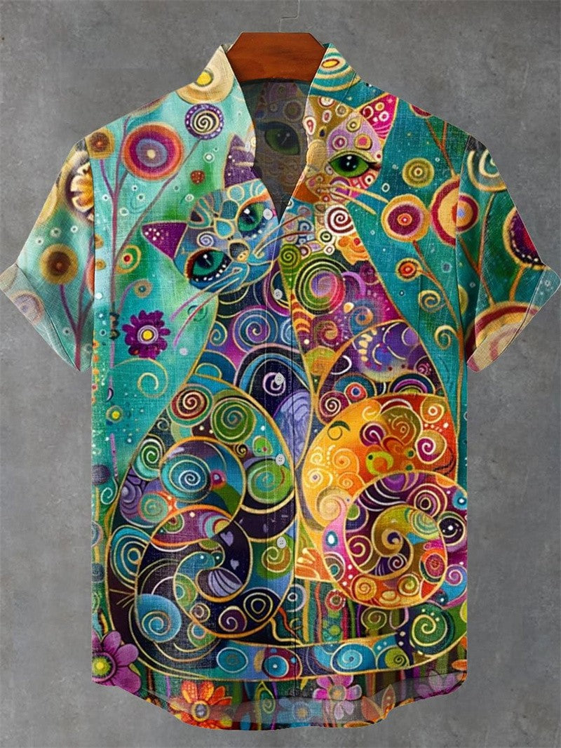 Men's Linen Short Sleeve Shirt Casual Top Single Button Vintage Cartoon And Art Cat Summer Print Top