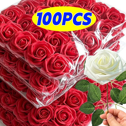 5-100pcs Fake Rose Flower Green Leaves for Valentine's Day Wedding Birthday Party Artificial Roses Heads with Stems Supplies