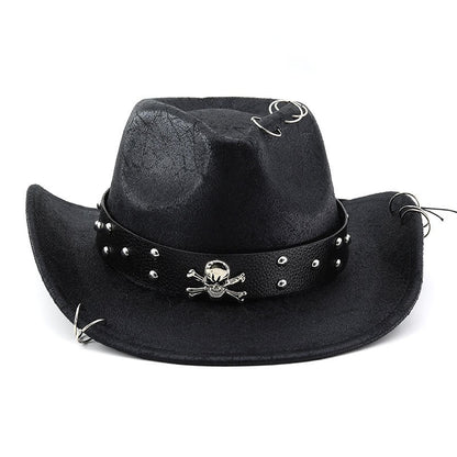 Unisex PU Leather Cowboy Hat - Western Style Panama Skull Belt for Party, Studded Metal Skeleton Festival Accessory