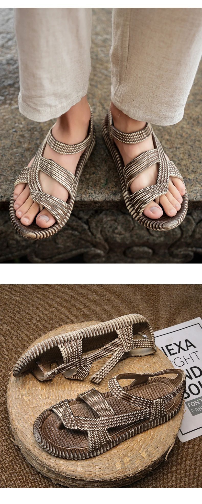 Summer Men's Straw Sandals Mens Casual Shoes Personality Wear-resistant Sandal for Men Outdoor Beach Flip-flop Size Plus 36-47