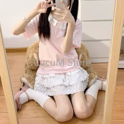 Sweet Cute Lace Cake Skirt Kawaii Lolita Japanese Mini Layered Ruffles Skirts Y2k Harajuku Casual Women Summer 2025 Skirts