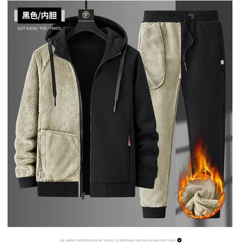 Lamb Cashmere Tracksuit Set Winter Men Sportsuit Gym Sportswear New Thermal Hoodies Fleece Tracksuit Windproof Sport Suit Men
