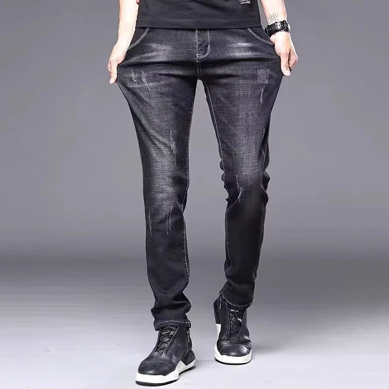 Men's Stylish Classic Business Casual Jeans Four Seasons Wear Black Blue Pants Middle-waist Leggings Denim Fabric Trousers Male