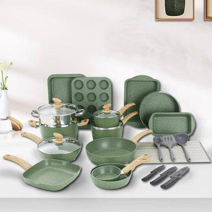 30-Piece Non-Stick Granite Cookware Set, Induction Compatible Pots & Pans with Bakeware, Green Kitchen Essentials