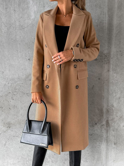 Autumn and Winter Women's Clothing Long-sleeved Lapel Solid Color Double-breasted Slim-fit Coat