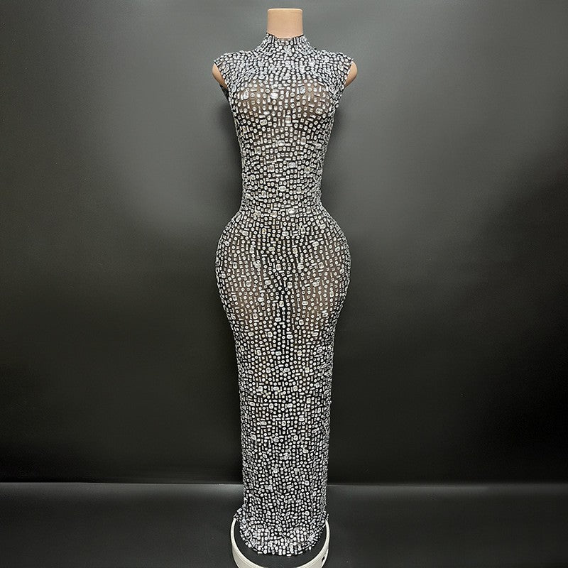 Sexy Full Drill Elastic Slim Fit Sleeveless Long Dress - Hip Wrap, For Host Stage Catwalk & Engagement Evening High-Slit Dresses