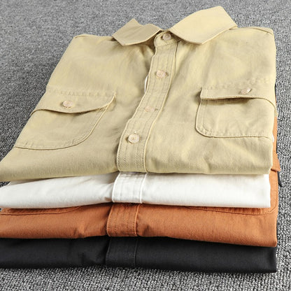 Simple cargo pocket design summer vintage short-sleeved shirt for men washed twill cotton fabric casual shirt