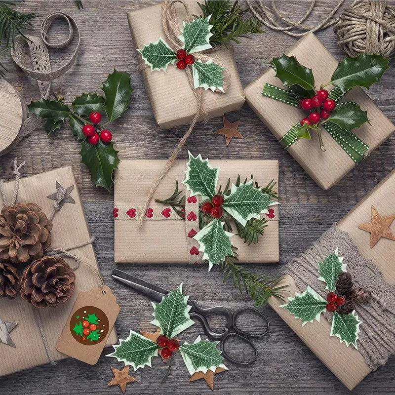50/10Pcs Artificial Holly Berries With Green Leaves DIY Christmas Wreath Wedding Flower Gifts Xmas New Year Festival Decorations