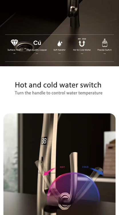 Luxury Gunmetal Brass Kitchen Faucet with LED Display,Sensor&Pull-Out 3-Function Spray,Touchless High Pressure Water-Saving Tap