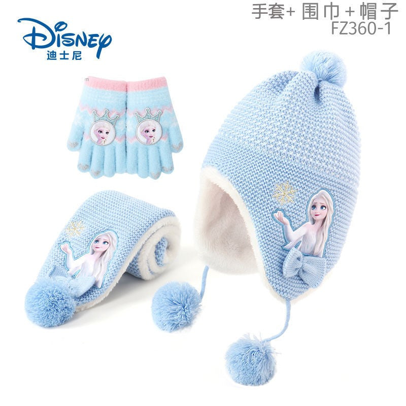 Disney Elsa Desenho Animado Bonito Chapéu e Cachecol de Estudante Criativo Kawaii Meninas Princesa Inverno Quente Conjunto de Três Peças Presente de Natal