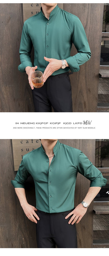 2025 Spring New Chinese Style High End Stand Up Collar Shirt Men's Long Sleeve Elastic Slimming Top Social Dress Shirt