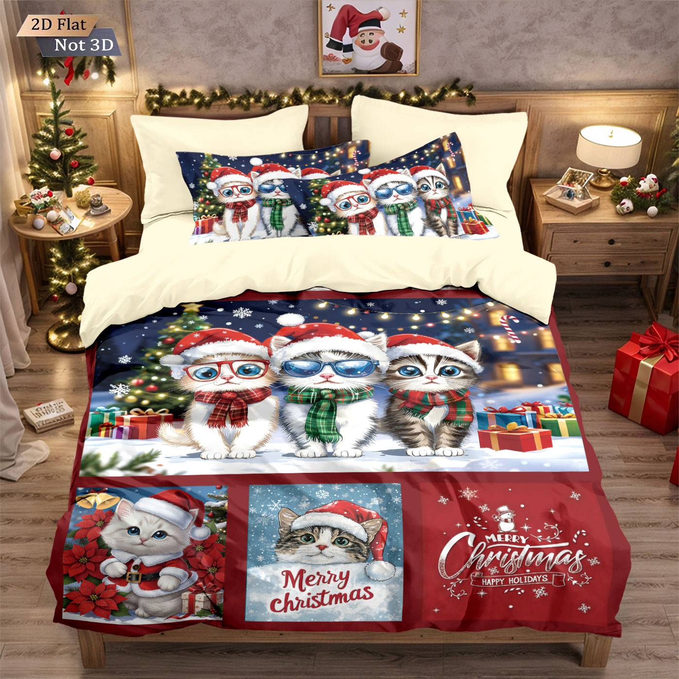 3pcs Merry Christmas Cat Printed Chipless Bedding Set Soft Dormitory Bedroom Multiple Sizes Machine Washable