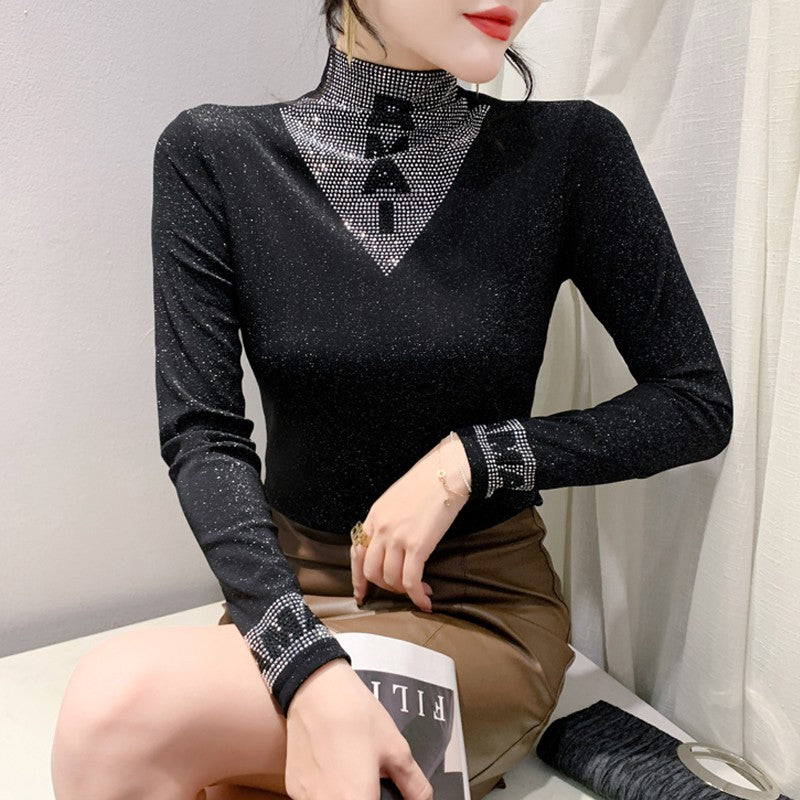 2025 European Station Long Sleeve Women Tees Autumn Winter New Stand collar Hot Diamond T Shirt Fashion Slim Mesh Tops