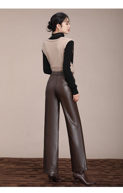 ZUZK Winter Pu Leather Pants New Elastic Waist Straight Pants PU Leather Trousers Large Size Fashion Warm Long Pants