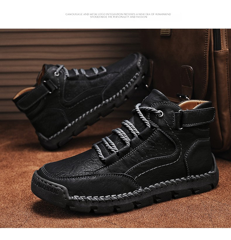 Botas masculinas costuradas à mão, sapatos casuais plus size, botas confortáveis e macias, botas antiderrapantes para uso externo