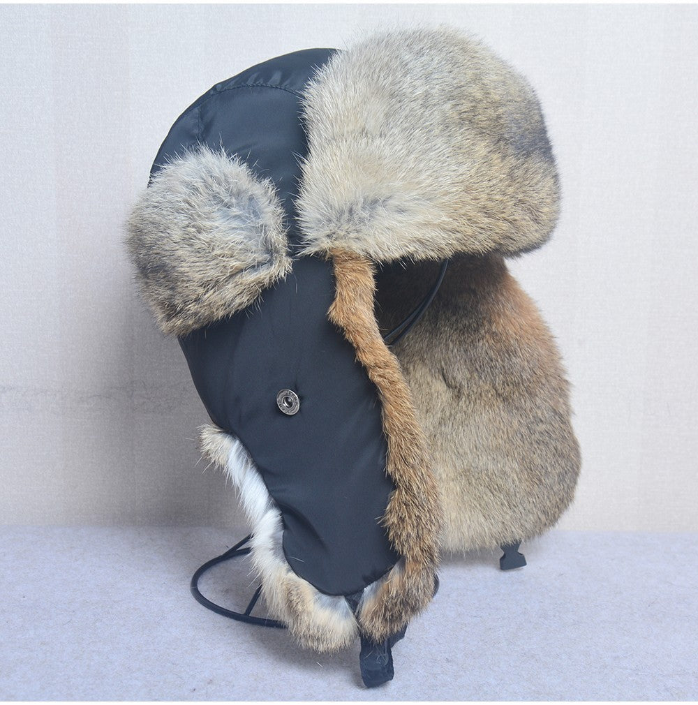 New Russia Winter Real fur Hat Men Outdoor Windproof Super Warm Real Rabbit Fur Bomber Hats Natural Soft Natural Rabbit Fur Caps