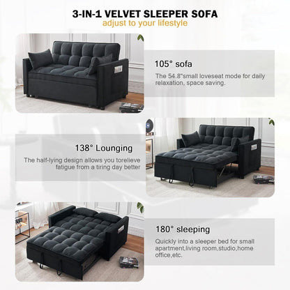 Sleeper Sofa Bed, 3-in-1 Velvet Pull Out Couch with Armrests, Storage Pockets and 2 Pillows, Adjustable Backrest, Sofa Bed Couch