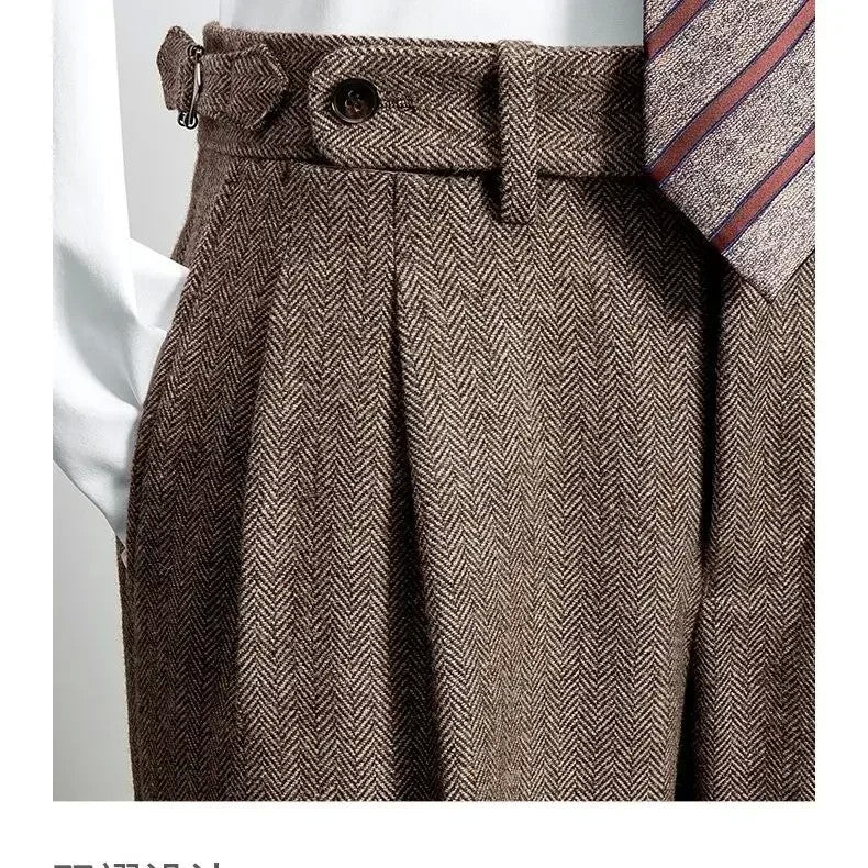 2024 Men's Autumn Winter Fashion High Waist Wool Trousers Male Tweed Casual Pockets Pants Men Long Straight Suit Pants F394