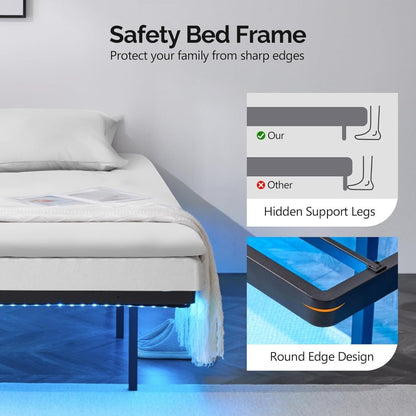 Twin Size Heavy Duty Metal Bed Frame with USB Charging and LED Lights, 14 Platform Bed Frame