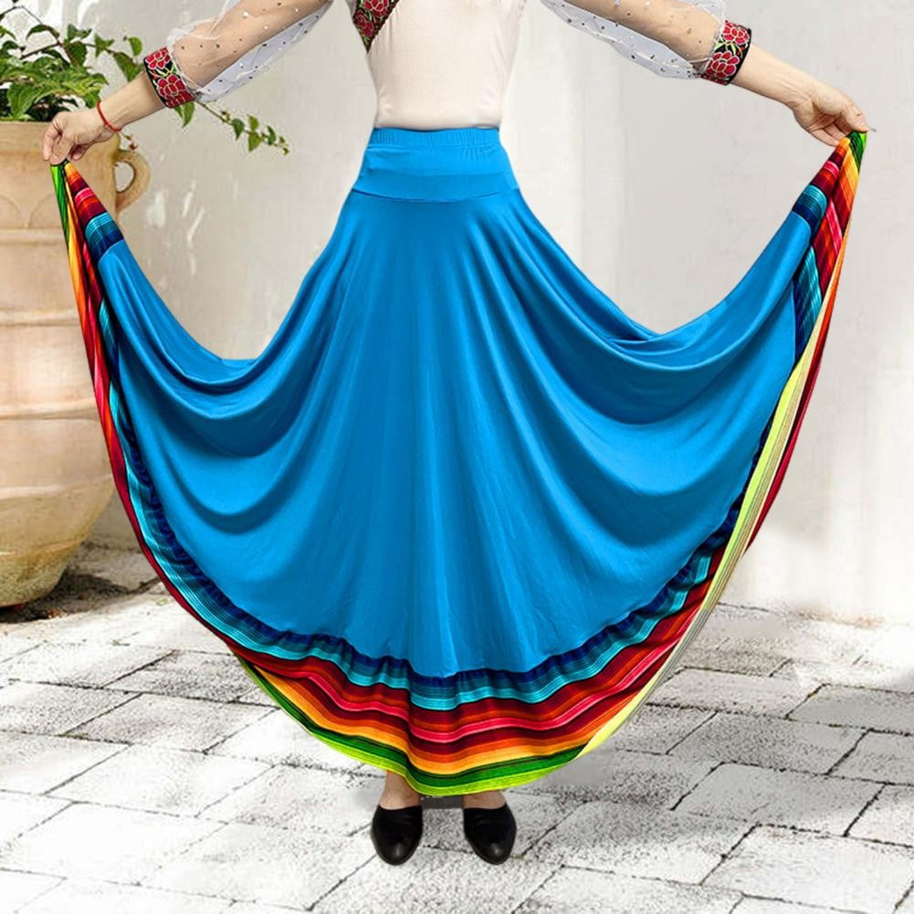 Dance Skirt with Colorful Stripes Colorful Folk Dance Skirt with Elastic Waist Large Swing Hem for Mexican Flamenco for Women